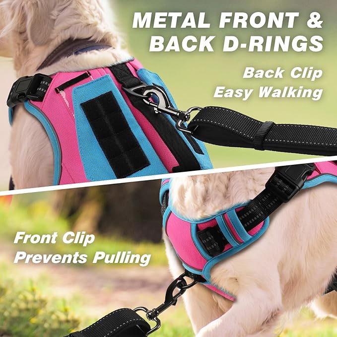 WINGOIN Tactical Dog Harness for Large Dogs, No Pull Harness with Handle Pockets Poop Bag, Reflective Dog Vest, Military Service Heavy Duty Big Dog Harness for Walking Hiking Training, Pink Blue, L WINGOIN
