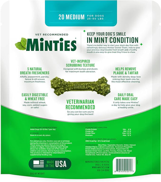 Minties Dental Chews for Dogs, 20 Count, Vet-Recommended Mint-Flavored Dental Treats for Medium Dogs 25-50 lbs, Dental Bones Clean Teeth, Fight Bad Breath, and Removes Plaque and Tartar Minties