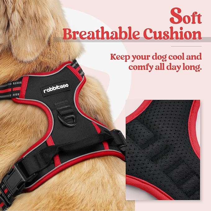 rabbitgoo Dog Harness No Pull with 2 Leash Clips, Adjustable Soft Padded, Reflective Oxford No Choke Pet Vest with Easy Control Handle for Medium Sized Dogs, Black & Red, M rabbitgoo