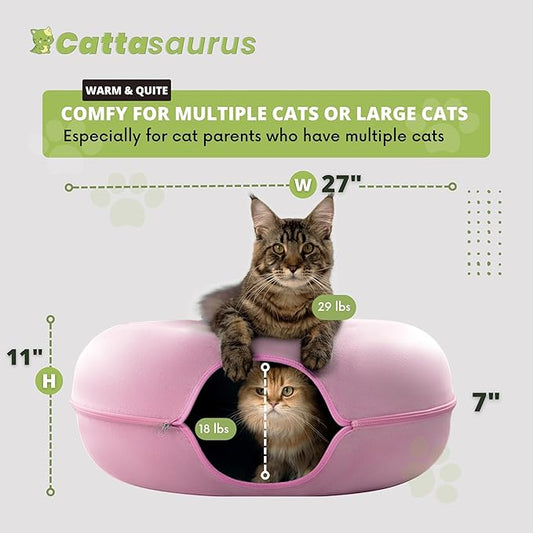 CATTASAURUS Peekaboo Cat Cave for Multiple & Large Cats Up to 30-45 Lbs, Scratch Detachable & Washable Tunnel Bed, Comfy Donut Cat Cave (Pink, Jumbo) - PAWPICO