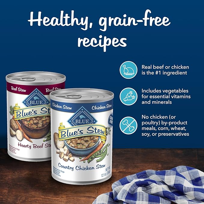 Blue Buffalo Blue's Stews Natural Adult Wet Dog Food Cans, Chicken and Beef 12.5-oz (12 Pack- 6 of Each Flavor) - PAWPICO