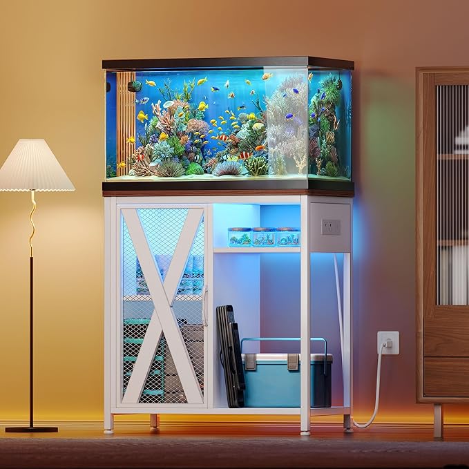 YITAHOME Fish Tank Stand with Power Outlets & LED Light, 20-29 Gallon Metal Aquarium Stand with Cabinet for Fish Tank Accessories Storage for Turtle Tank, Reptile Terrarium, 350LBS Capacity, White YITAHOME