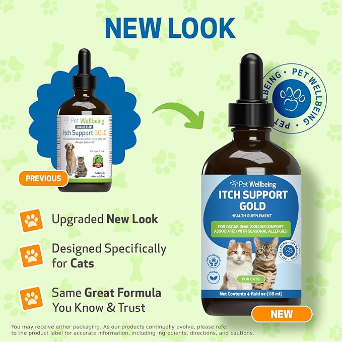 Pet Wellbeing Itch Support Gold for Cats - Occasional Itching, Scratching, and Hot Spots, Environmental and Seasonal Allergies, Dong Quai - Veterinarian-Formulated Herbal Supplement 4 oz (118 ml) PetWellbeing