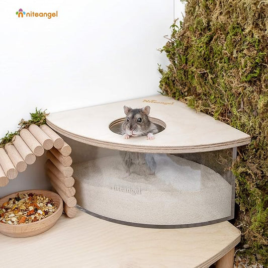 Niteangel Animal Sand-Bath Box: - Acrylic Critter's Sand Bath Shower Room & Digging Sand Container for Hamsters Mice Lemming Gerbils or Other Small Pets (Triangle, Birch-Wood) Niteangel