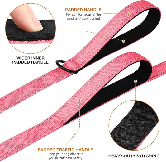 Joytale Dog Leash Heavy Duty for Large Dogs That Pull, Double Handle for Traffic Control, Double-Sided Reflective Leashes for Large Medium Dogs Night Safety, 6FT, Pink Joytale