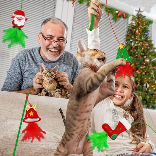Christmas Cat Toys,4 Pack Cat Wand Toys for Indoor Cats, Cat Gifts with Catnip and Feathers for Christmas, Christmas Cat Wand for Cats and Kitten - PAWPICO