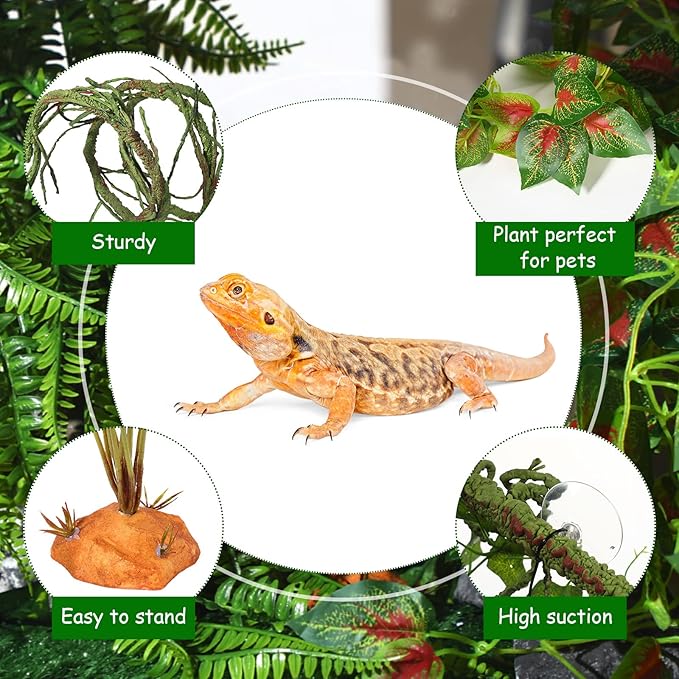 9 Pieces Reptile Jungle Vines Decor Set Include Bendable Flexible Climbing Plastic Plants with Suction Cups Tank Accessories Habitat Decor for Gecko, Snake, Hermit Crab Luinabio
