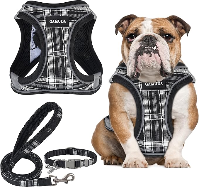 GAMUDA Small Dog Harness Collar and Leash Set, Step in No Chock No Pull Soft Mesh Adjustable Dog Vest Harnesses Plaid Reflective for Dogs Puppy Cats Kitten Rabbit (Black, XL) GAMUDACollarsCollection