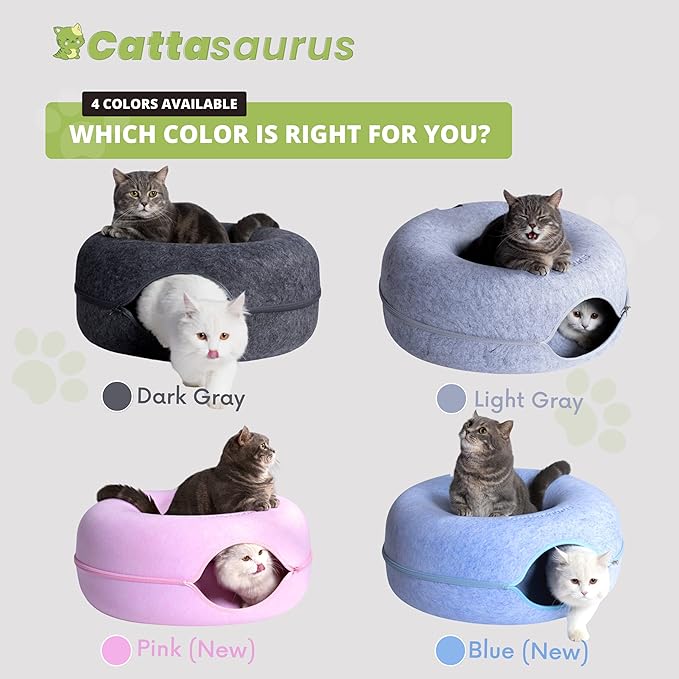 CATTASAURUS Peekaboo Cat Cave for Multiple & Large Cats Up to 30-45 Lbs, Scratch Detachable & Washable Tunnel Bed, Comfy Donut Cat Cave (Light Gray, Large) - PAWPICO