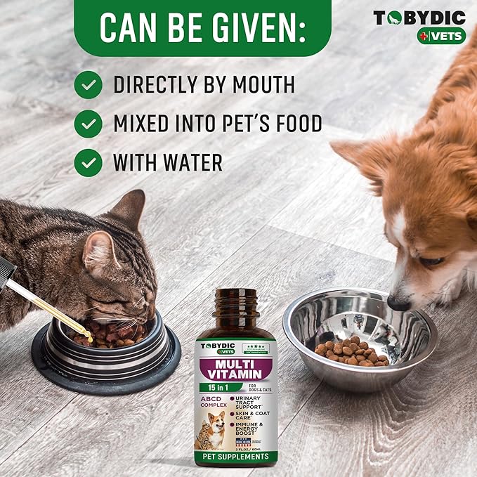 Cat & Dog Multivitamin -15 in 1 Pet Supplements with Cranberry & Glucosamine - Natural Medicine & Support for UTI, Urinary Tract, Bladder, Kidney, Skin Coat, Joints Treatment Made in USA TOBYDIC