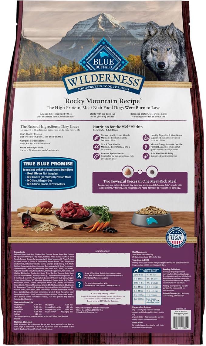 Blue Buffalo Wilderness Rocky Mountain Recipe High-Protein Adult Dry Dog Food, Made in the USA with Natural Ingredients Plus Wholesome Grains, Bison, 28-lb. Bag - PAWPICO