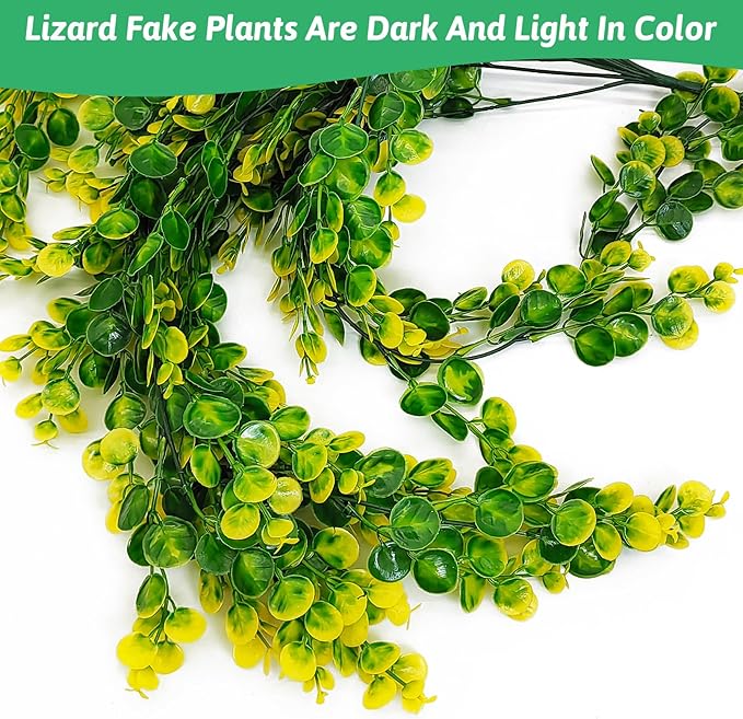 Hamiledyi Reptile Plants Hanging Terrarium Plants Artificial Leaves Habitat Decorations with Suction Cup Green and Yellow Fake Amphibian Plants for Bearded Dragon Lizard Geckos Chameleon(2 Pack) Hamiledyi