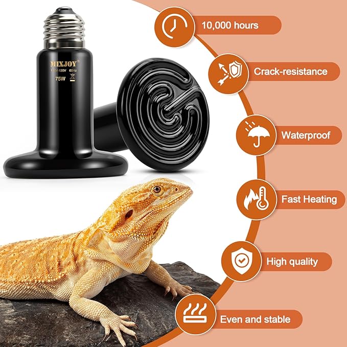 MIXJOY 75W Reptile Heat Lamp 2Pack Ceramic Heat Emitters Reptile Heat Lamp Bulbs, No Light Emitting Ceramic Heat Bulbs for Amphibian Terrarium Reptile Gecko Lizard Bearded Dragon Turtle Chicken Snake MIXJOY