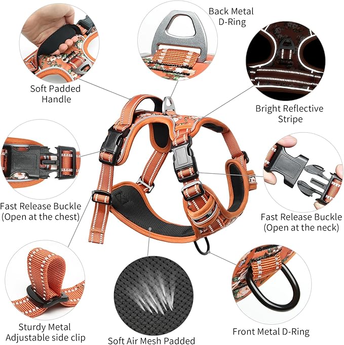 Timos Dog Harness for Large Dog, No Pull Service Vest with Reflective Strips and Control Handle,No Choke Dog Harness with 2 Metal Rings for Easy Walking,Outdoor Training,Flower Orange, L Timos