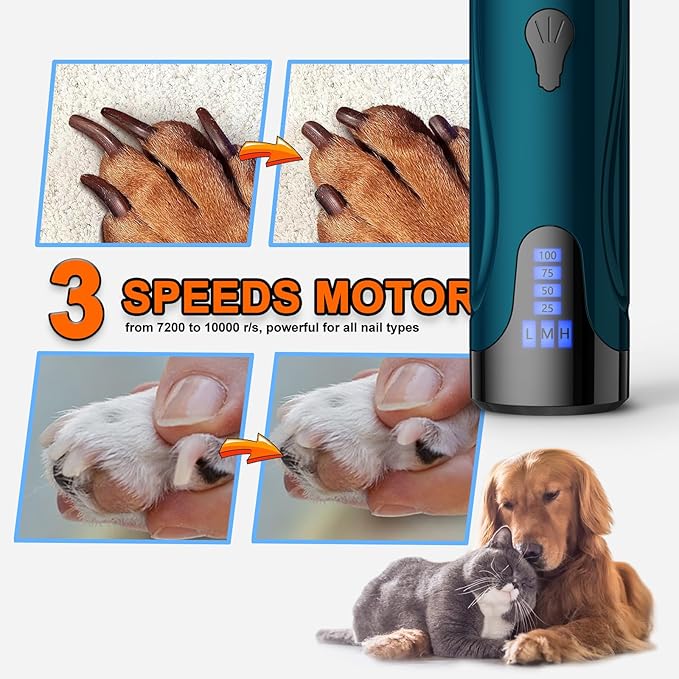 Dog Nail Grinder, Dog Nail Trimmers and Clippers Kit, Super Quiet Electric Pet Nail Grinder, Rechargeable, for Small Large Dogs & Cats Toenail & Claw Grooming,3 Speeds, 2 Grinding Wheels (A-Dark Blue) - PAWPICO