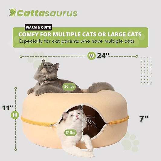 CATTASAURUS Peekaboo Cat Cave for Multiple & Large Cats Up to 30-45 Lbs, Scratch Detachable & Washable Tunnel Bed, Comfy Donut Cat Cave (Pastel Macaron, Large) - PAWPICO