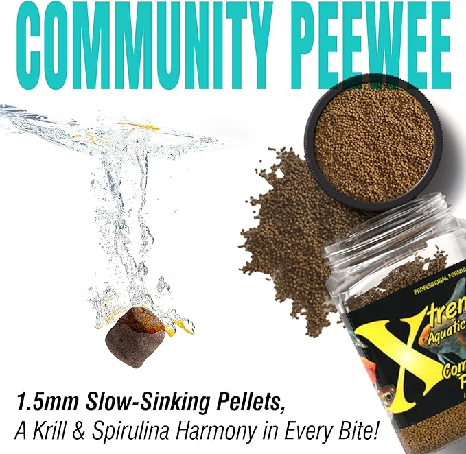 Xtreme Community Peewee 1.5mm Pellets: Slow Sinking & Ideal for Community Fish - Boosts Immune & Digestive Health, Enhances Color & Energy, Max Protein Fish Food – USA Farm Grown (72oz) XtremeAquaticFoods