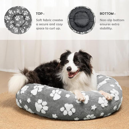 Donut Dog Beds for Medium Dogs, Calming Round Cat Beds for Indoor Cats, Cute 3D Textured Paw Pet Bed with Removable Washable Cover and Anti-Slip Bottom(Grey,30") - PAWPICO