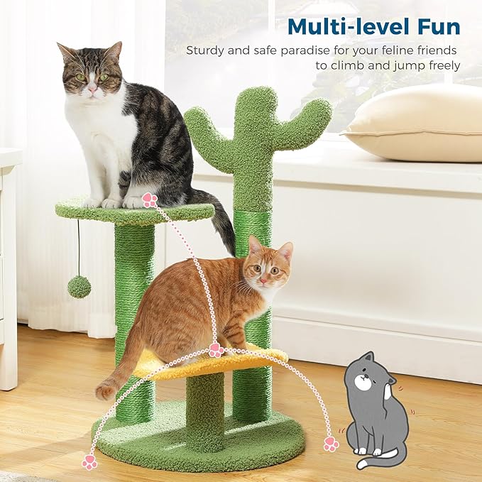 Made4Pets Cat Tree Cactus Cat Scratching Post 26” Cats Tree Tower for Indoor Cat Scratchers Kitty Tower with Flower Perch, Dangling Ball - PAWPICO