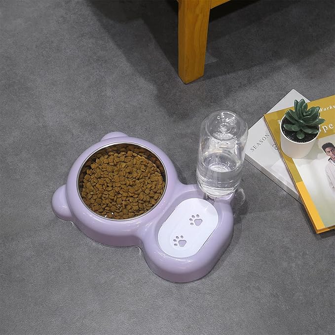 Dog Bowls, Cat Food and Water Bowl Set with Water Dispenser and Stainless Steel Bowl for Cats and Small Dogs - Purple - PAWPICO