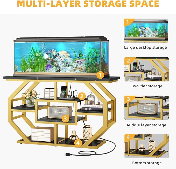 DWVO 55-75 Gallon Aquarium Stand with Power Outlet, Display Stand for Turtle Tank, Reptile Terrarium, Metal Fish Tank Stand Suitable for Living Room, Entryway, 860LBS Capacity, Black & Gold DWVO