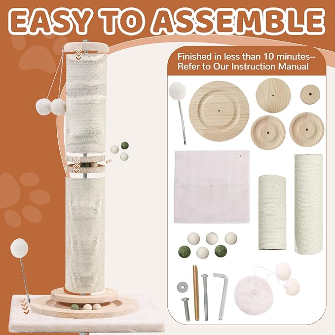 OTOB 33" Tall Cat Scratching Post, 4.3Inch Large Diameter Natural Sisal Rope Scratcher Post, 5-in-1 Interactive Turntable Cat Scratch Post with Soft Hanging Ball Toys for Indoor Large Cats - PAWPICO