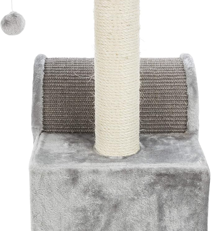 TRIXIE Tolar Cat Scratching Post 31.5 Inch - with Durable Sisal Rope and Tunnel, Condo, Platform with Removable Cushion & Dangling Cat Toy - in Gray - PAWPICO