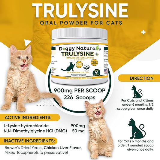 Trulysine Plus L-Lysine for Cats Immune Support Oral Powder 8oz/226g - Cats & Kittens of All Age, Sneezing, Runny Nose Squinting, Watery Eyes Chicken Liver Flavor (U.S.A)(226 Grams (900mg / Scoop)) Pet+Health+Pharma