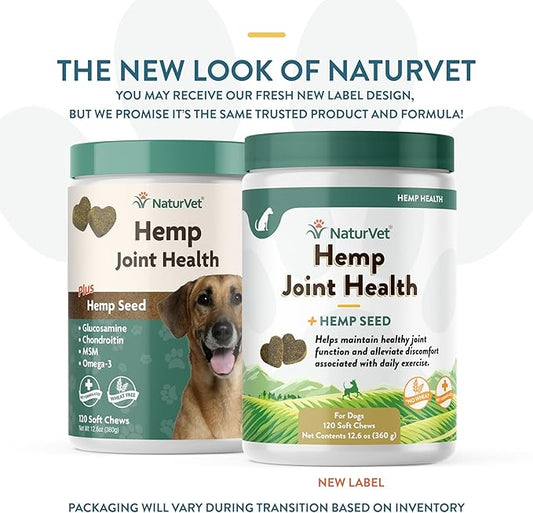 NaturVet – Hemp Joint Health For Dogs - Plus Hemp Seed | Supports Overall Joint Health | Enhanced with Glucosamine, MSM, Chondroitin & Antioxidants | 120 Soft Chews NaturVet