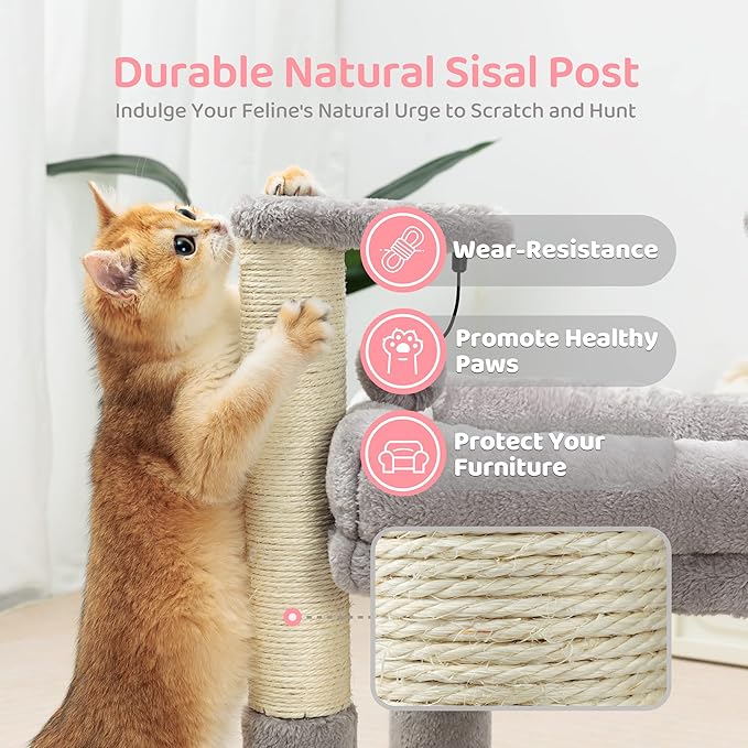 Made4Pets Cat Tree for Indoor Cats, Cat Tower with 2 Natural Sisal Scratching Post for Kitten, Kitty Cat Bed with Pom-pom Dangling Balls, Grey, DIY - PAWPICO