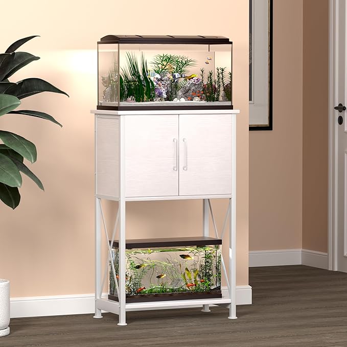 5-10 Gallon Fish Tank Stand, Metal Double Aquarium Stand with Cabinet for Fish Tank Accessories Storage, Heavy Duty 20.5" L* 11.02" W Tabletop, 500LBS Capacity White PG06YGW Herture