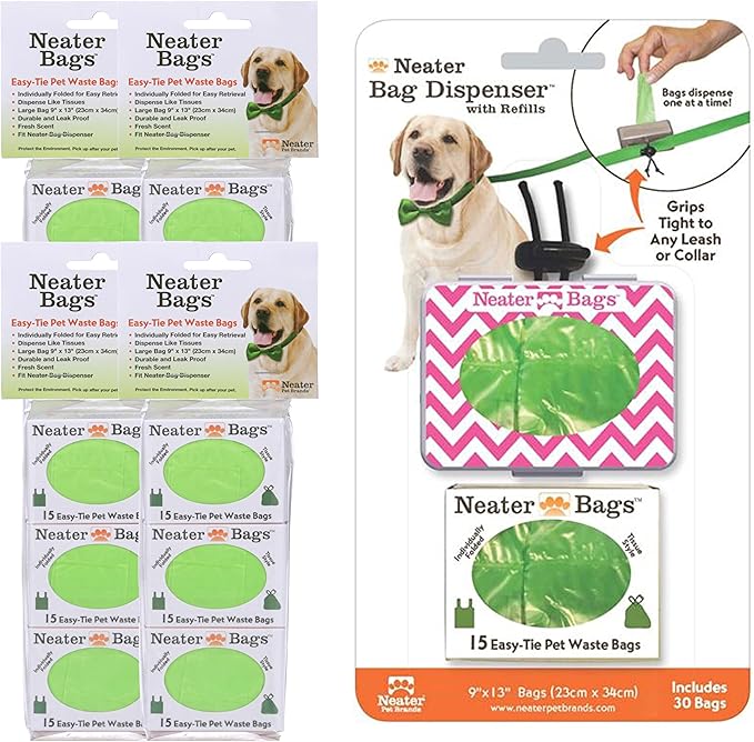 Neater Pets Neater Bags - Dog Waste Poop Bags - Dispense One at a Time Like Tissues - No Rolls to Fuss With - Easy-Tie Handles - Dispenser Attaches to any Leash (210 Bags, Chevron Pink) - PAWPICO