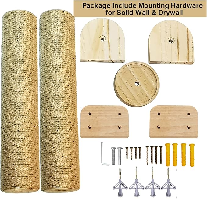 2 Tier Cat Wall Wood Sisal Scratching Post for Indoor - 37 inch Tall- Vertical or Horizontal Wall Mounted Cat Scratcher, Cat Scratching Board, Cat Activity Trees Cat Wall Furniture Shelves - PAWPICO