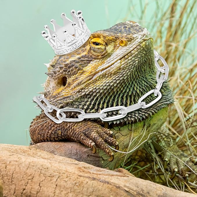 8 Pieces Lizard Crown Necklace Set Bearded Dragon Crown and Chain Gold and Silver Alloy Reptile Clothes Accessories Lizard Photo Props for Bearded Dragons Iguana Amphibians and Other Small Animals MTLEE