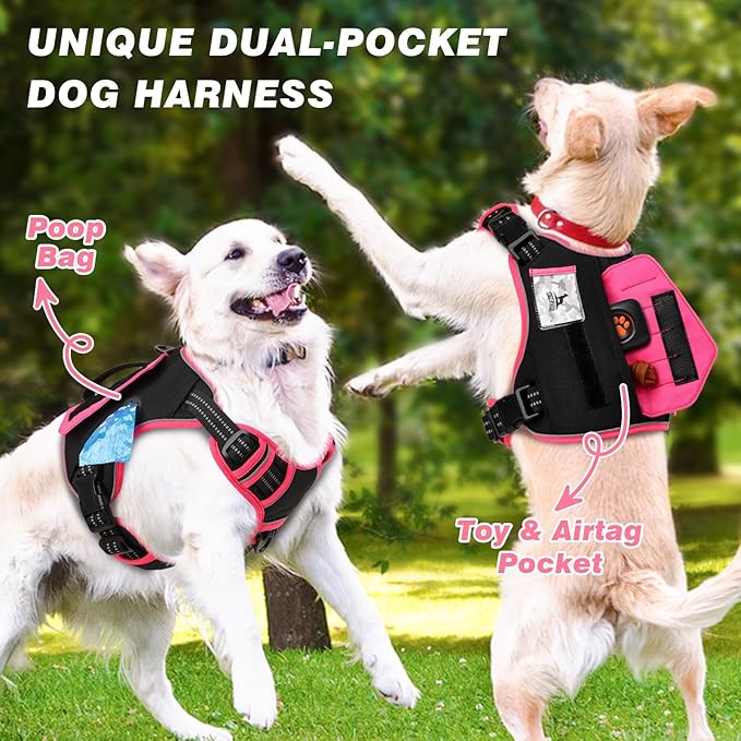 WINGOIN Tactical Dog Harness for Medium Dogs, No Pull Harness with Handle Pockets Poop Bag, Reflective Dog Vest, Military Service Heavy Duty Big Dog Harness for Walking Hiking Training, Black Pink, M - PAWPICO