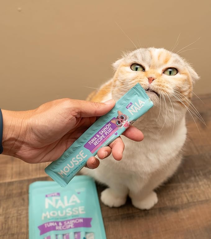 LOVE, NALA - Skin & Coat Health - Tuna & Salmon Plus Collagen Mousse - Lickable Cat Squeeze Up Wet Food Puree Treat, Topper - Grain Free, Fiber, Minerals, Vitamins - 24 Pack 15.2 oz. - PAWPICO