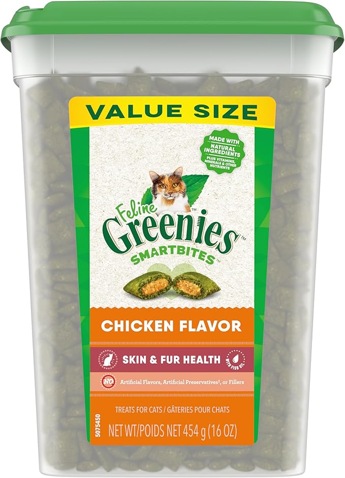 FELINE GREENIES SMARTBITES Skin & Fur Health Crunchy and Soft Textured Adult Natural Cat Treats, Chicken Flavor, 16 oz. Tub GREENIES