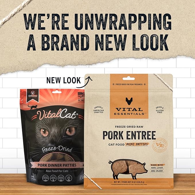 Vital Essentials Freeze Dried Cat Food, Raw Pork Mini Patties Entree 8 oz VitalEssentials