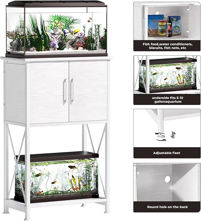 5-10 Gallon Fish Tank Stand, Metal Double Aquarium Stand with Cabinet for Fish Tank Accessories Storage, Heavy Duty 20.5" L* 11.02" W Tabletop, 500LBS Capacity White PG06YGW Herture