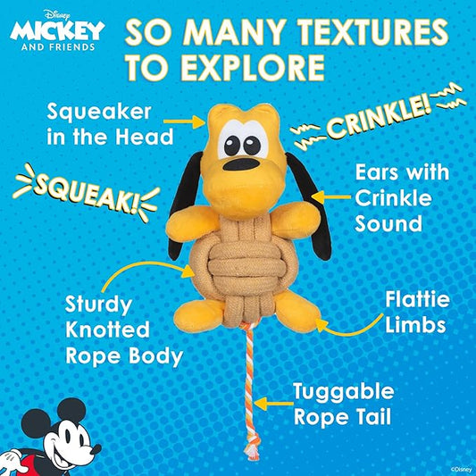 Pluto Knotty Rope Pet Toy with Squeaker, 9 Inch | Squeaky Dog Toys for Pets | Rope Tug Toy for Dogs Inspired by Pluto of Mickey and Friends - PAWPICO