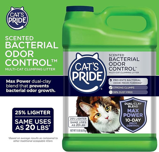 Cat's Pride Max Power: Bacterial Odor Control - Up to 10 Days of Powerful Odor Control - Strong Clumping - 99% Dust Free - Multi-Cat Litter, Fresh Scented, 15 Pounds - PAWPICO
