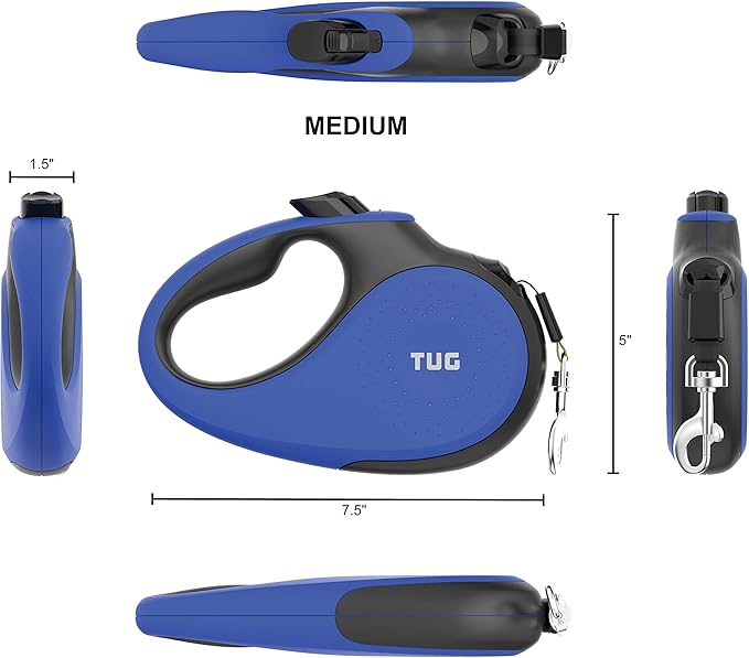 TUG 360° Tangle-Free Retractable Dog Leash with Anti-Slip Handle | 16 ft Strong Nylon Tape | One-Handed Brake, Pause, Lock (Medium, Blue) TUG