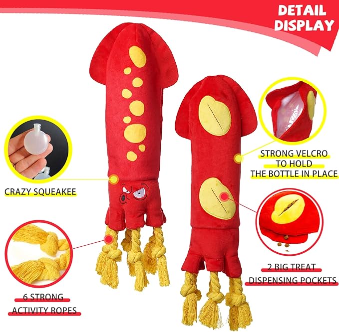 Water Bottle Dog Toys - Dog Puzzle Squeaky Enrichment Treat Dispensing Rope Snuffle Plush Toys, No Stuffing Durable Soft Crunchy Toys for Small Medium Large Dogs Puppy - Octopus Squid - PAWPICO