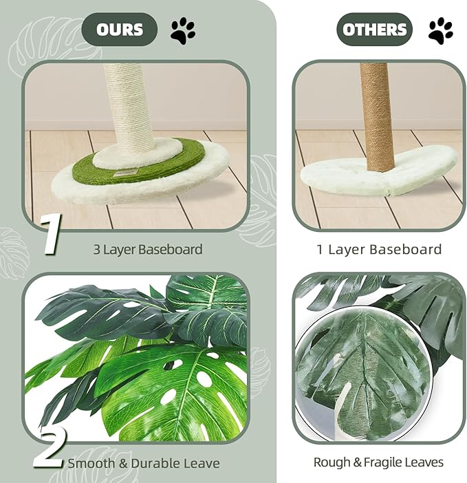 MEOWOOU Cat Scratching Post for Indoor Cats and Kitten, 35” Tall Monstera cat Scratching Post with sisal Hanging Interactive Ball, Suitable for Large Adult cat, Kitten, and All Type of Cats - PAWPICO
