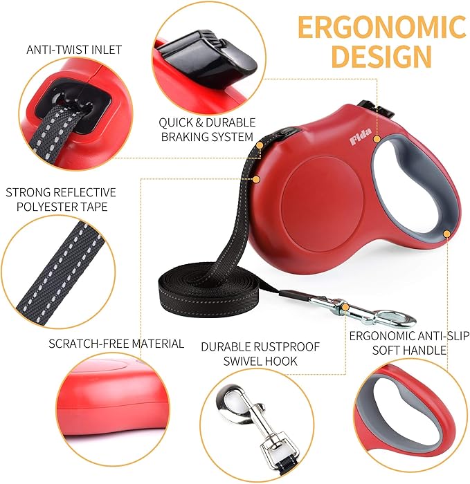 Fida Retractable Dog Leash, 16ft Heavy Duty Pet Walking Leash for X-Small/Small/Medium/Large Dog or Cat up to 110 lbs, Tangle-Free. One-Hand Brake (Large, Red) Fida