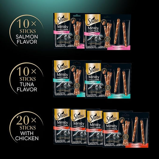 Sheba Meaty Tender Sticks Soft Cat Treats with Chicken, Tuna Flavor, and Salmon Flavor, 0.14 oz., 40 Count Sheba