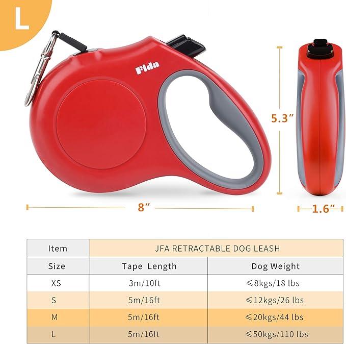 Fida Retractable Dog Leash, 16ft Heavy Duty Pet Walking Leash for X-Small/Small/Medium/Large Dog or Cat up to 110 lbs, Tangle-Free. One-Hand Brake (Large, Red) Fida