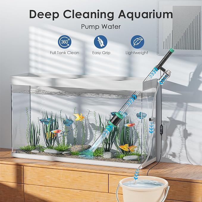 AKKEE Aquarium Vacuum Gravel Cleaner, 8 in 1 Multifunctional 36W Fish Tank Gravel Cleaner Vacuum for Water Changer Wash Sand Water Filter Circulation Aquarium Vacuum Cleaner Timed Off Waterproof AKKEE