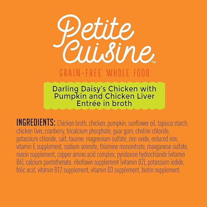 PETITE CUISINE Darling Daisy's Wet Cat Food, Chicken with Pumpkin and Chicken Liver, 2.8 oz. Cans (24 Count) - PAWPICO