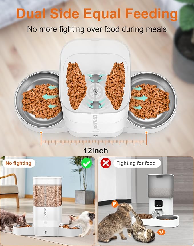 HoneyGuaridan 5L Automatic Cat Feeder for Two Cats, 2.4G WiFi Enabled Smart Feed Pet Feeder with Stainless Steel Bowl,APP Control Dispenser, Dual Power Supply,Desiccant Bag,10s Meal Call White - PAWPICO